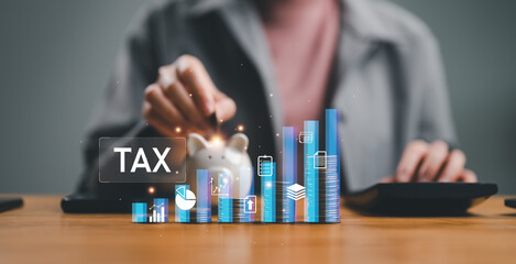 Busineswoman Calculating income to pay taxes to the government, tax payment. Government, state taxes. Data analysis, paperwork, financial research, report. Calculation tax return. tax deductions.