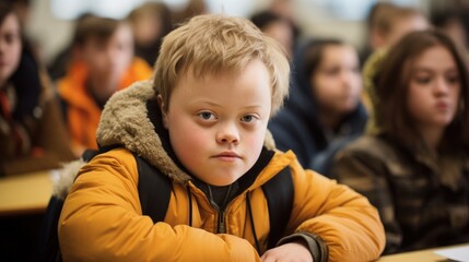 Boy with down syndrome study in special school