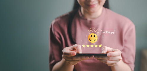 Customer satisfaction concept. Positive emotion happy smile face five star and crown with copy...