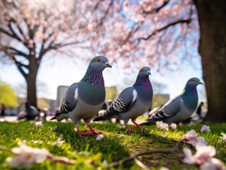 group of pigeons looking for food in the park