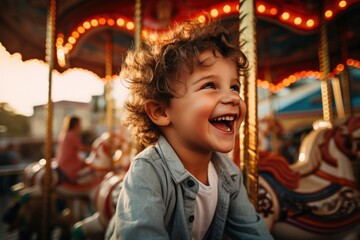 Cheerful young boy having fun at an amusement park playing carousel - obrazy, fototapety, plakaty