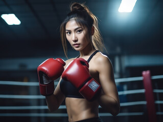 Asian woman wearing red boxing gloves, female martial arts sport concept