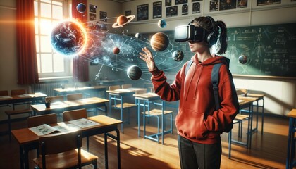 Smart schoolgirl studying astronomy with VR glasses - simulation science, futuristic gadget,...