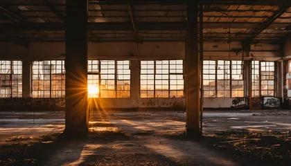 Foto op Plexiglas Abandoned factory during sunset - closed shutters, urban decay, graffiti walls, desolate street, warm sunlight on old industrial building © ibreakstock