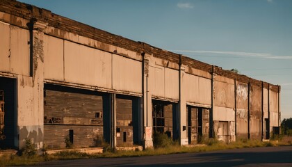 Sunset on old industrial building - abandoned factory, urban decay, closed shutters, graffiti, desolate street, warm light
