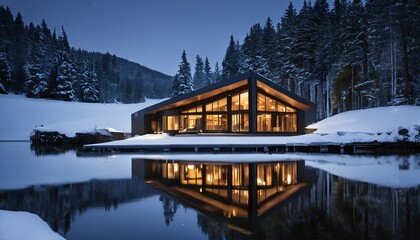 Fototapeta premium Winter night at modern triangular lake house - misty forest setting