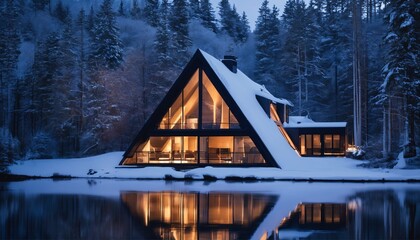 Triangular modern lake house in misty forest - night winter scene