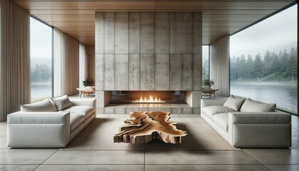 Modern living room in villa with wooden live edge accent coffee table - white sofas, fireplace, stone wall, minimalist interior design