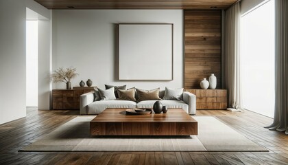Modern living room with Japanese interior design - square coffee table near white sofa, rustic cabinets, blank poster frames on white wall, copy space