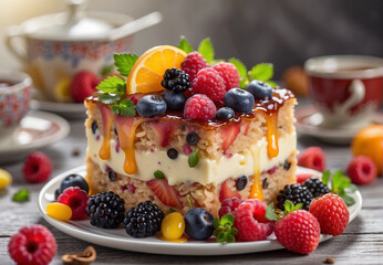 fruit cake with berries and citrus fruits, confectionery product