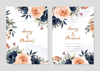 Peach and blue rose artistic wedding invitation card template set with flower decorations