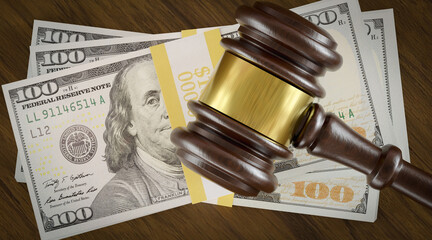 Overhead of Gavel Resting on a Table and Stack of Thousands of Dollars.
