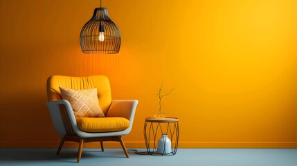 Modern interior with an elegant armchair, side table, and hanging lamp against a vibrant orange wall.