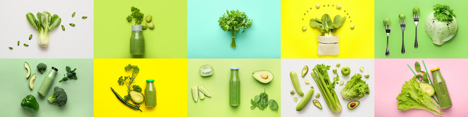 Collage of tasty green vegetables and bottles of smoothie on color background