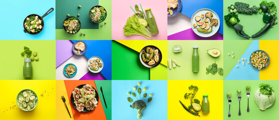 Collage of tasty green vegetables, healthy dishes and bottles of smoothie on color background