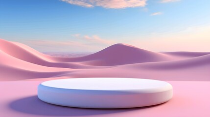 Minimalist white podium with pink sand dunes in the background, ideal for product display.