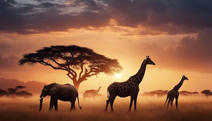African sunset with silhouettes of wild animals

