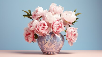 A beautifully composed image of a bouquet of pink and white peonies arranged in a Marquetry-style vase, set against a dreamy pastel background.