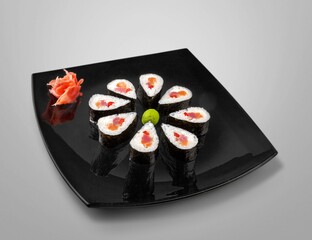 Set of tasty fresh sushi rolls with fish