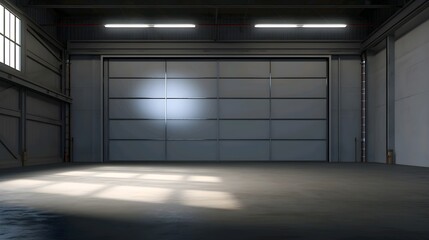 Empty industrial warehouse interior with large closed garage door and sunlight casting shadows on the floor.