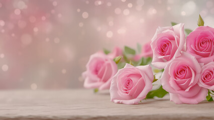 Pink roses card on a pretty background with space for copy