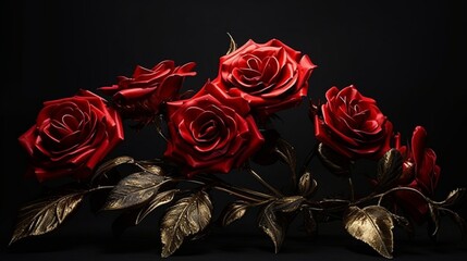 A breathtaking photograph of red roses, their radiant red petals complemented by gold leaves and stems, all against a dramatic black backdrop. A visual masterpiece.