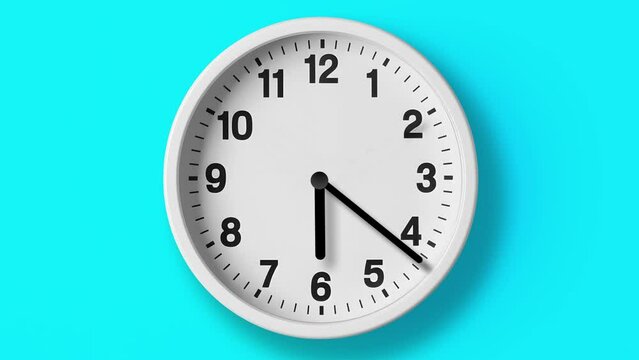 Analog wall clock spinning animation through the hours, AI generated clock image on an bright blue background
