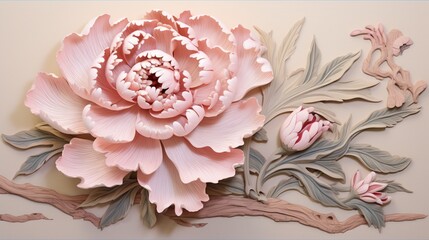 A breathtaking scene of a single, regal pink peony in Marquetry style, set against a backdrop of intricate woodwork and accented by subtle white and pastel tones.