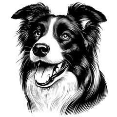 Happy Border Collie portrait. Hand Drawn Pen and Ink. Vector Isolated in White. Engraving vintage style illustration for print, tattoo, t-shirt, sticker