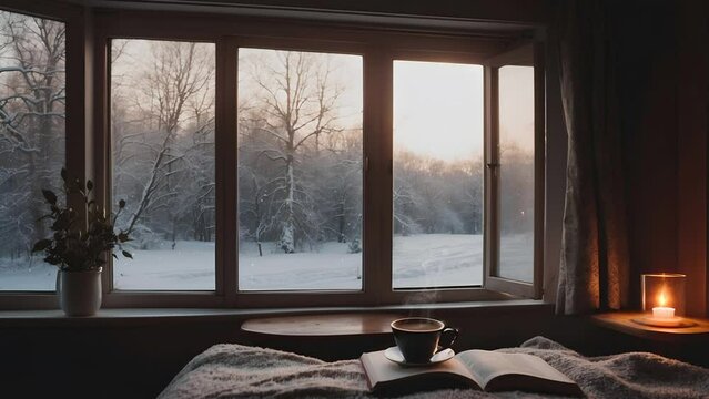 Cozy room with a book and cup of coffee on bed. Candle on the desk, warm lighting. Snowflakes and woods outside the window. Loop animation video. Zoom backgrounds. Rest and tranquil atmosphere. 