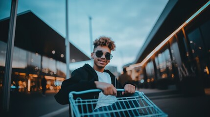 Portrait of african american cool boy with shopping cart on parking - obrazy, fototapety, plakaty