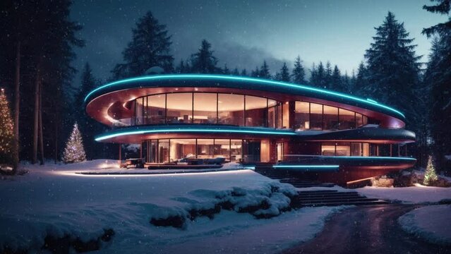 Winter getaway. Futuristic, luxury rental property in the woods. Snowflakes falling and festive lighting at new year nighttime. Rest, tranquil, cozy atmosphere. Loop animation video.	
