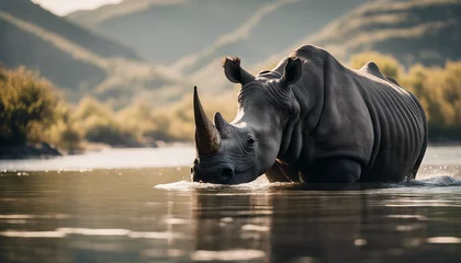  Rhino swims across the river   © abu