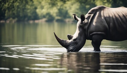 Obraz premium Rhino swims across the river