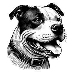 Happy Pitbull Terrier portrait. Hand Drawn Pen and Ink. Vector Isolated in White. Engraving vintage style illustration for print, tattoo, t-shirt, sticker - obrazy, fototapety, plakaty