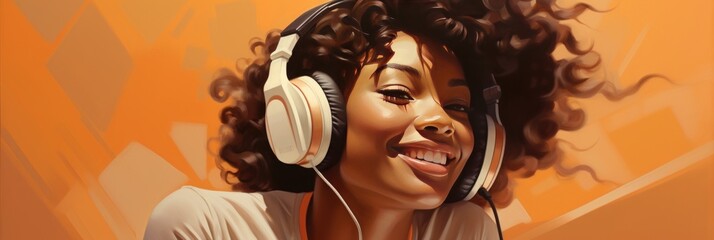 Generative AI image of model with headphones smiling in warm ambient background