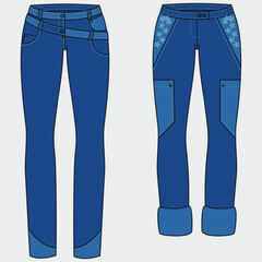 Blue denim vector set - illustration of basic types of women's jeans on white background.