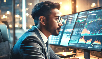 Finance trade manager analyzing stock market indicators for best investment strategy, financial data, and charts of trading online in the foreground.  - obrazy, fototapety, plakaty