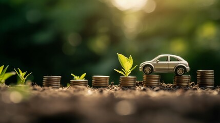 Growing coin or money stack with ESG business investment on electric vehicle or EV car with sustainable growth potential lead to profitable financial return and net zero future. Reliance. ECO concept. - obrazy, fototapety, plakaty