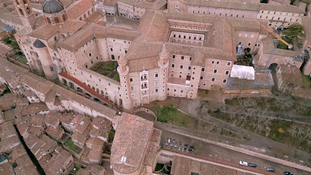Italy, 05 December 2023 - aerial view of the wonderful medieval village of Urbino in the province of Pesaro and Urbino in the Marche region. Here you can breathe an air of past history