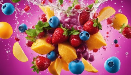 colorful smoothies, exploding ingredients, splashing and droplets 

