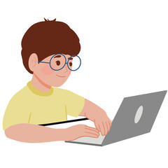 Cute little boy home schooling studying with his gadget laptop school from home illustration