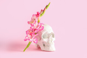 Human skull with beautiful gladiolus flowers on pink background