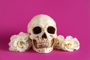 Human skull with beautiful eustoma flowers on purple background