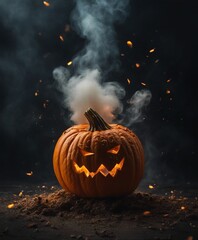 decorative pumpkin for halloween, exploding ingredients, flame, splash and smoke background 