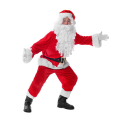 Man in Santa Claus costume posing on white background