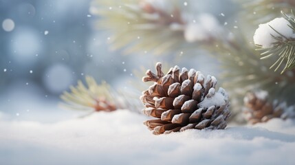 Close-up of a frosty pine cone on snow with soft-focus pine needles