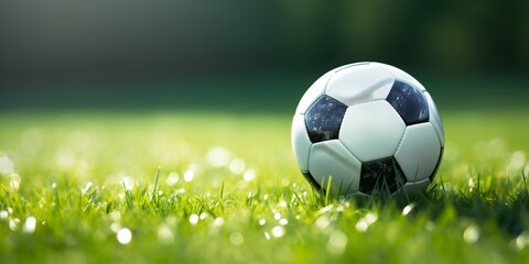 Naklejka premium Soccer ball on a bright green grass field with sunlight and shadows
