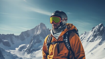 Alpine skier in orange jacket enjoying mountain view on a sunny winter day - obrazy, fototapety, plakaty