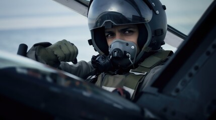 Fighter jet pilot with helmet in a cockpit - obrazy, fototapety, plakaty